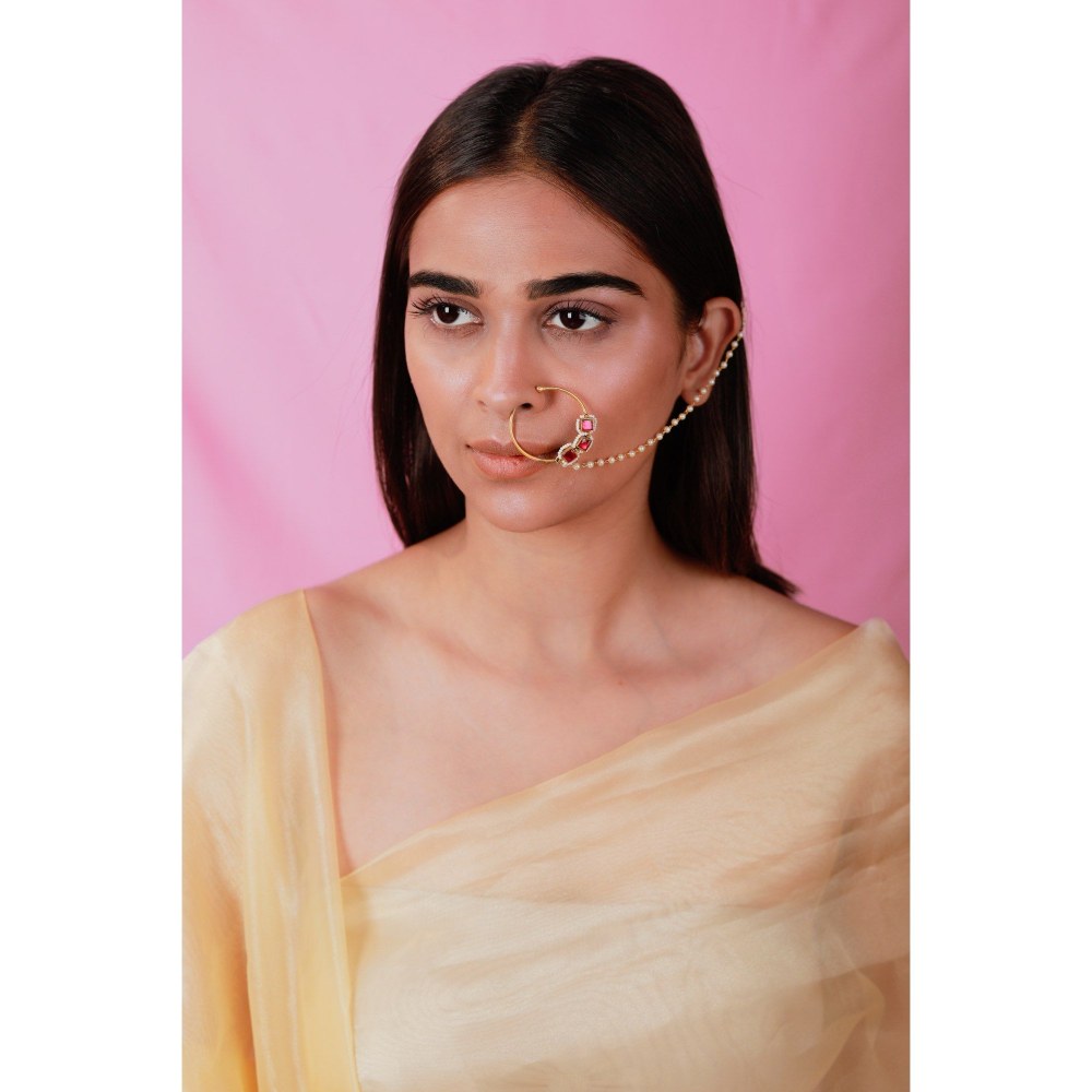 RIANA JEWELLERY Pink Square Gold Plated Alloy Nose Ring