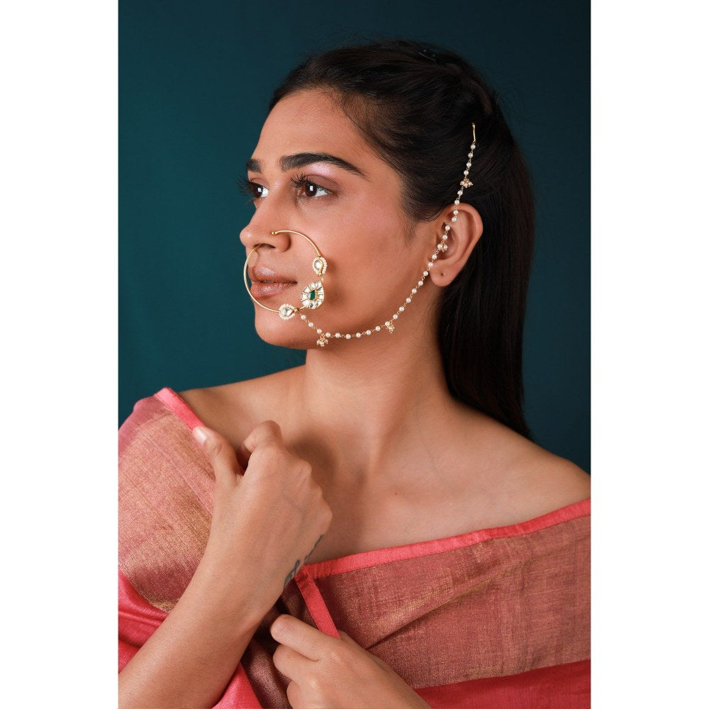 RIANA JEWELLERY Traditional Wear Green Stone Gold Plated Nose Pin