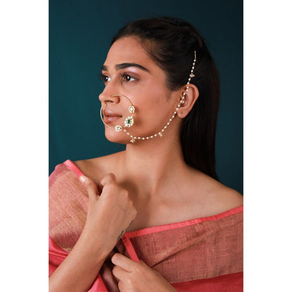 RIANA JEWELLERY Traditional Wear Green Stone Gold Plated Nose Pin