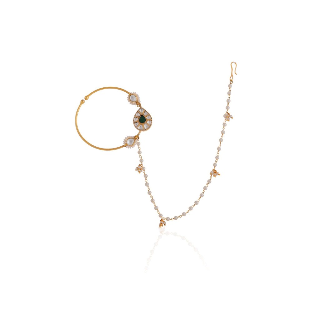 RIANA JEWELLERY Traditional Wear Green Stone Gold Plated Nose Pin