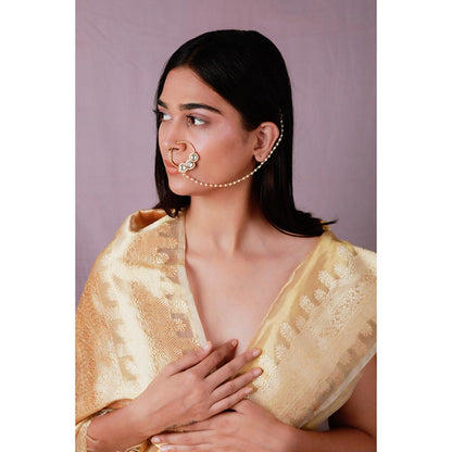 RIANA JEWELLERY Gold Toned White Pearl Beaded Designer Nath Nose Ring With Chain