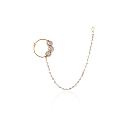 RIANA JEWELLERY Gold Toned White Pearl Beaded Designer Nath Nose Ring With Chain
