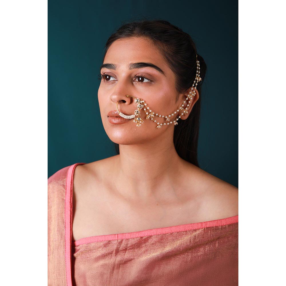 RIANA JEWELLERY Gold Plated Traditional And Jadau Nath With Multilayer Pearl Chain