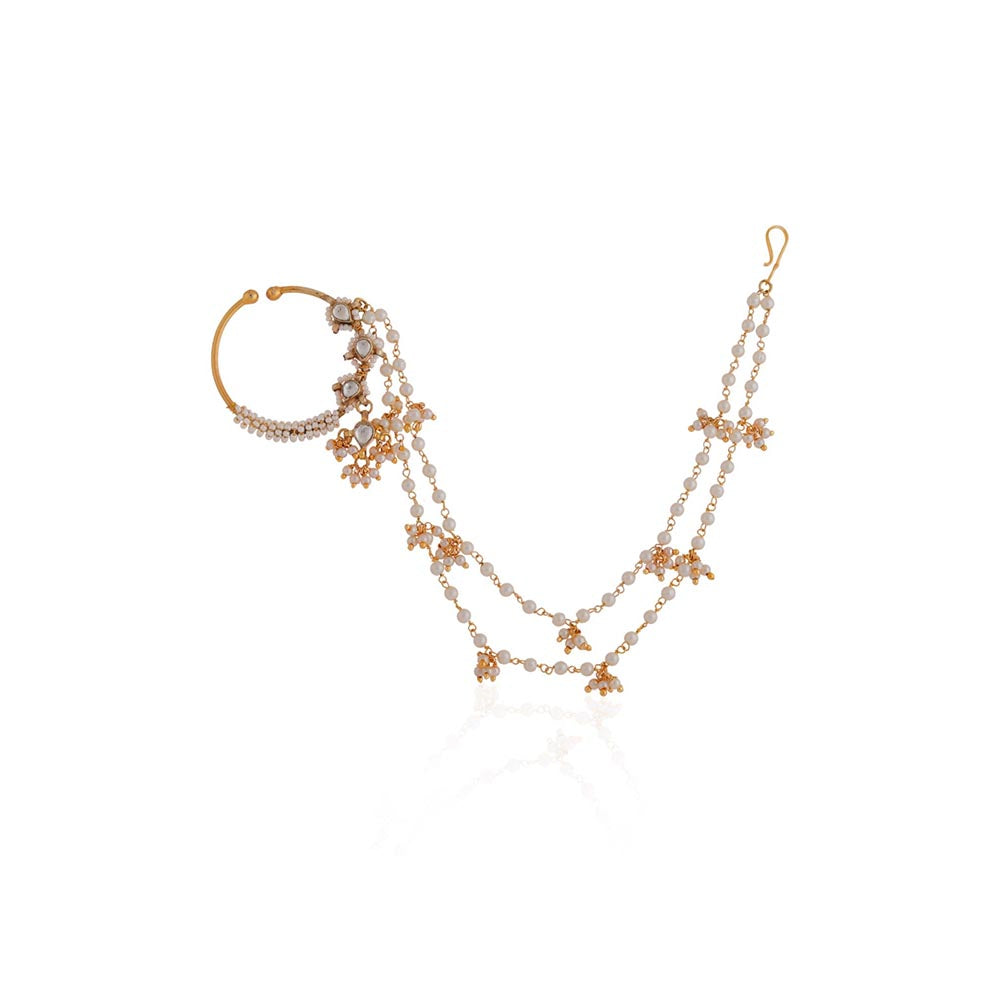RIANA JEWELLERY Gold Plated Traditional And Jadau Nath With Multilayer Pearl Chain