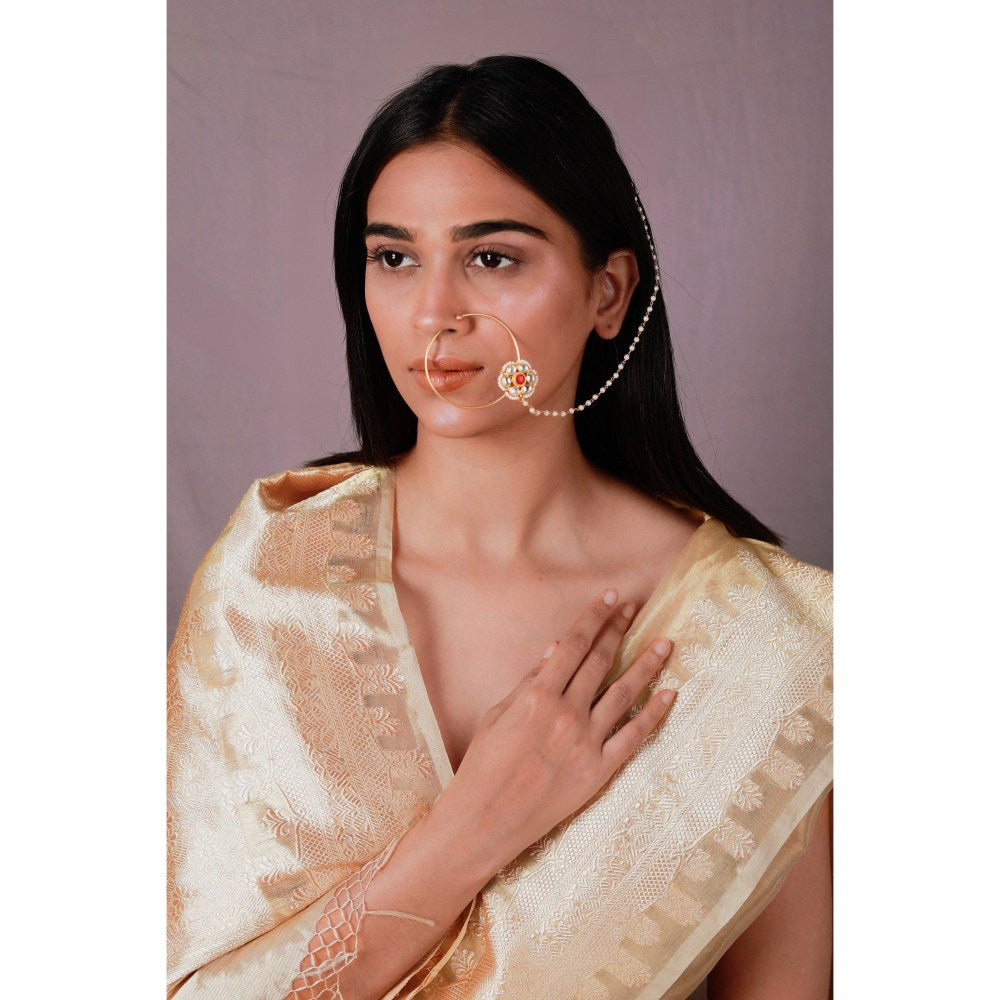 RIANA JEWELLERY White Kundan Nose Pin with Chain