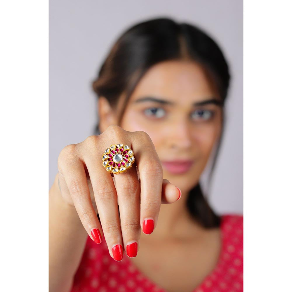 RIANA JEWELLERY Pink Jadau Ring