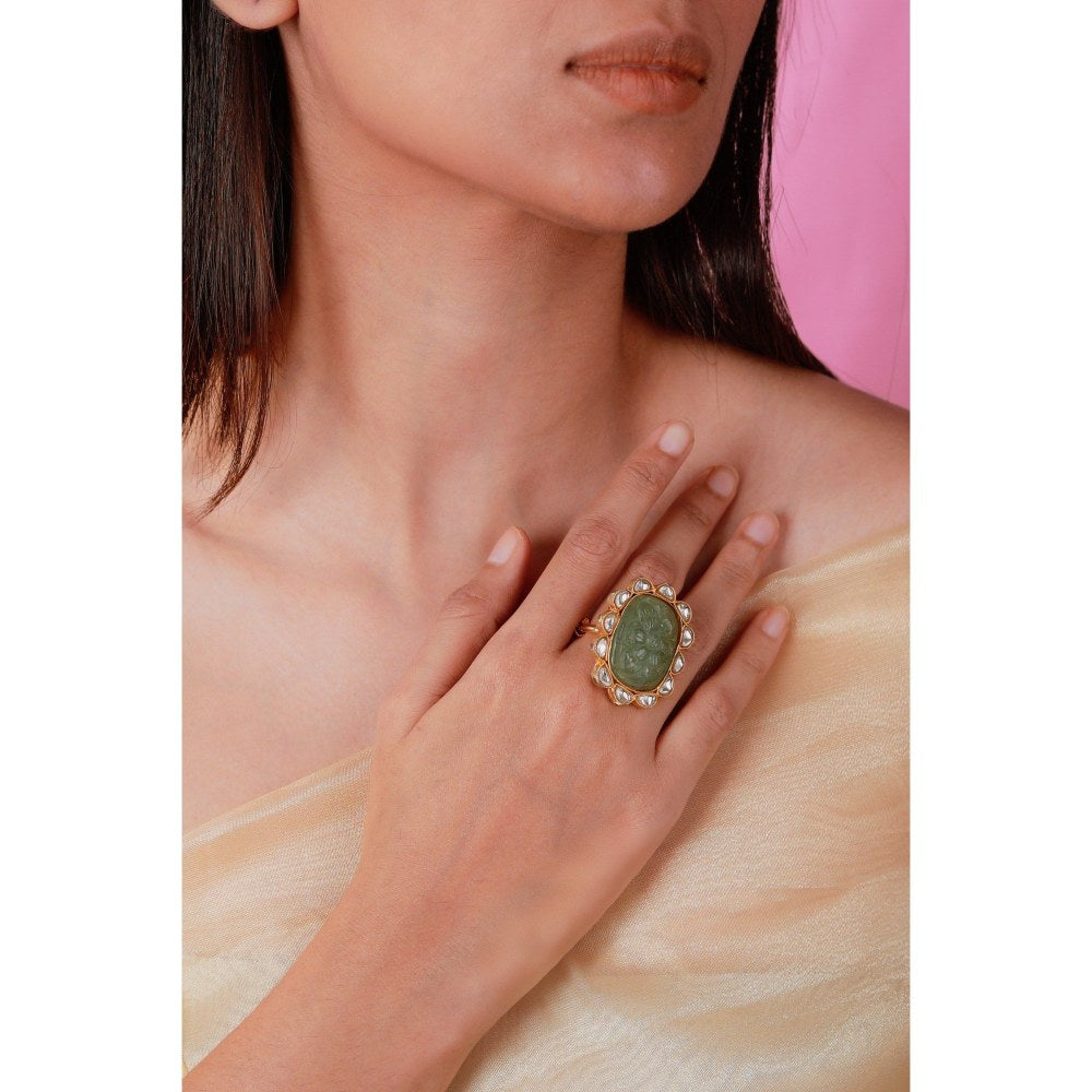 RIANA JEWELLERY 22Kt Gold Plated Hand Carved Jade Stone Ring
