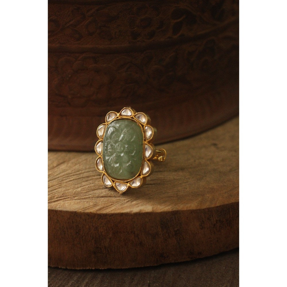 RIANA JEWELLERY 22Kt Gold Plated Hand Carved Jade Stone Ring