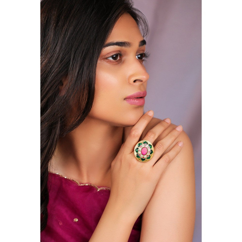 RIANA JEWELLERY Green And Pink Jadau Kundan Ring