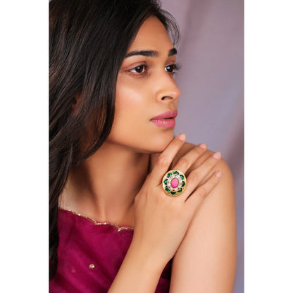 RIANA JEWELLERY Green And Pink Jadau Kundan Ring