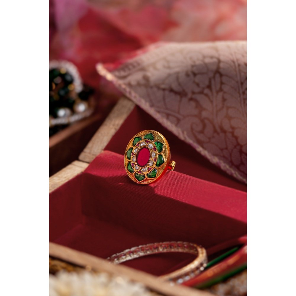 RIANA JEWELLERY Green And Pink Jadau Kundan Ring