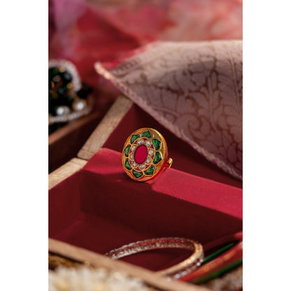 RIANA JEWELLERY Green And Pink Jadau Kundan Ring