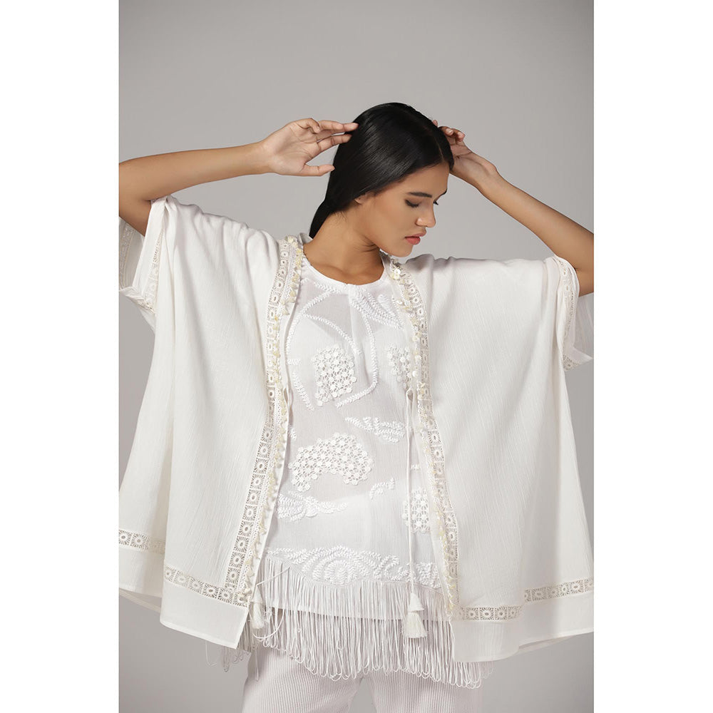 RINA DHAKA Women'S White Embroidered Top with Pant and Jacket (Set of 3)