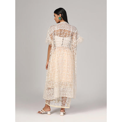 RINA DHAKA Women'S Peach Embroidered Cape with Top and Skirt (Set of 3)