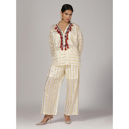 RINA DHAKA Women'S Cream Stripes Tassel Co-Ord (Set of 2)