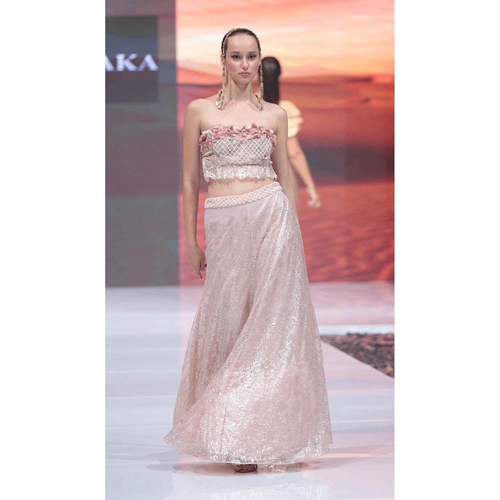 RINA DHAKA Baby Pink Vintage Sequin Skirt with Crop Top