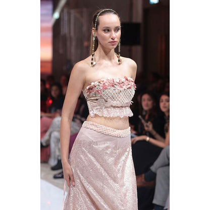 RINA DHAKA Baby Pink Vintage Sequin Skirt with Crop Top