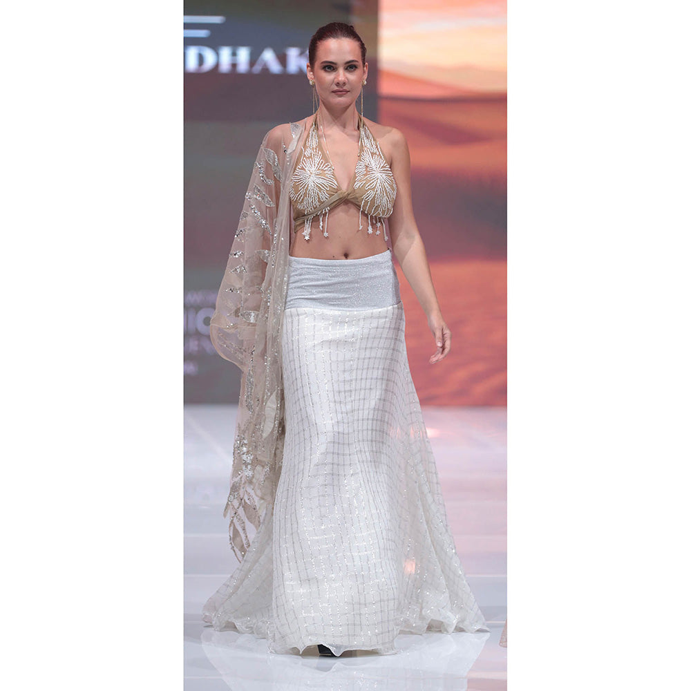 RINA DHAKA Ivory Halter Blouse with Skirt with Dupatta