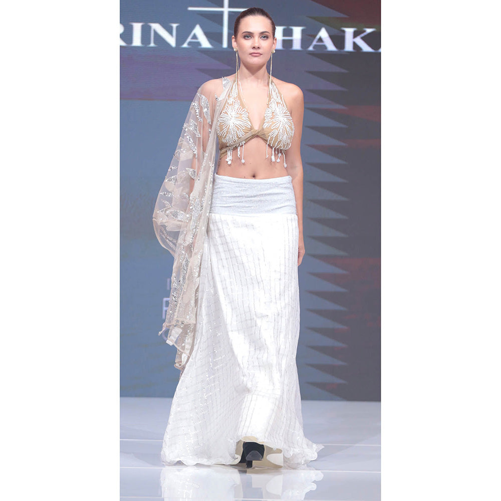 RINA DHAKA Ivory Halter Blouse with Skirt with Dupatta