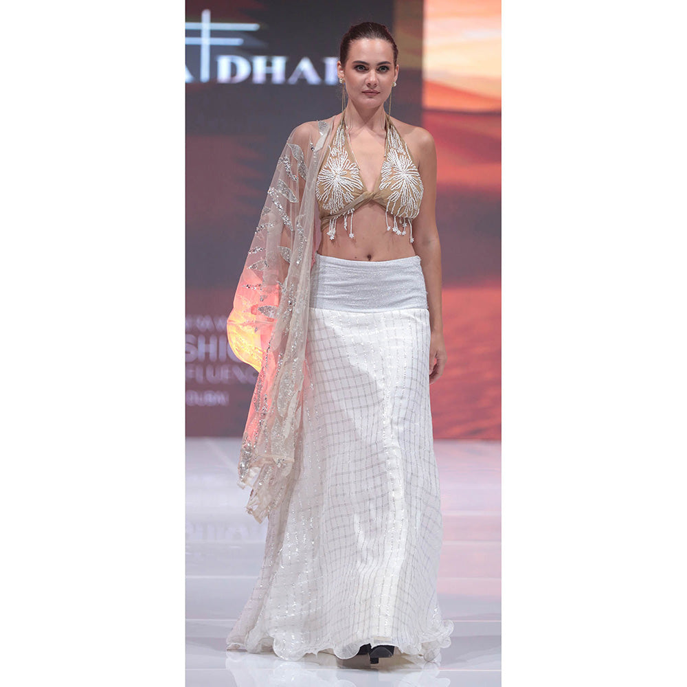 RINA DHAKA Ivory Halter Blouse with Skirt with Dupatta