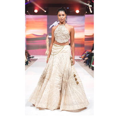 RINA DHAKA Beige Chanderi Lehenga with Top