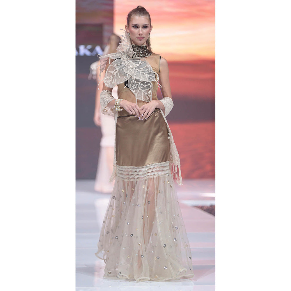 RINA DHAKA Gold Skirt with Star Embroidered
