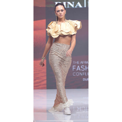 RINA DHAKA Gold Sequined Long Laced Edged Skirt