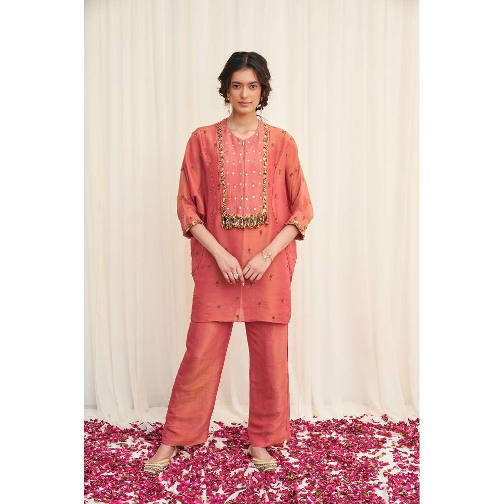 RIRASA Peach Embellished Kaftan with Pant (Set of 2)