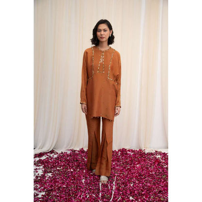 RIRASA Brown Embroidered Kurta with Pant (Set of 2)