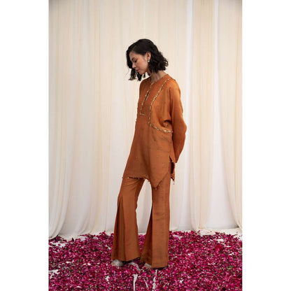 RIRASA Brown Embroidered Kurta with Pant (Set of 2)