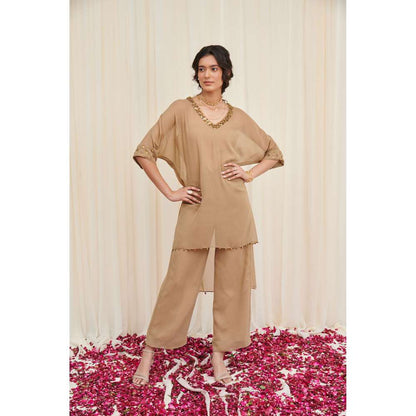 RIRASA Beige Embellished Kurta with Pant and Camisole (Set of 3)