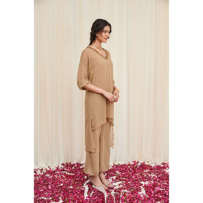 RIRASA Beige Embellished Kurta with Pant and Camisole (Set of 3)