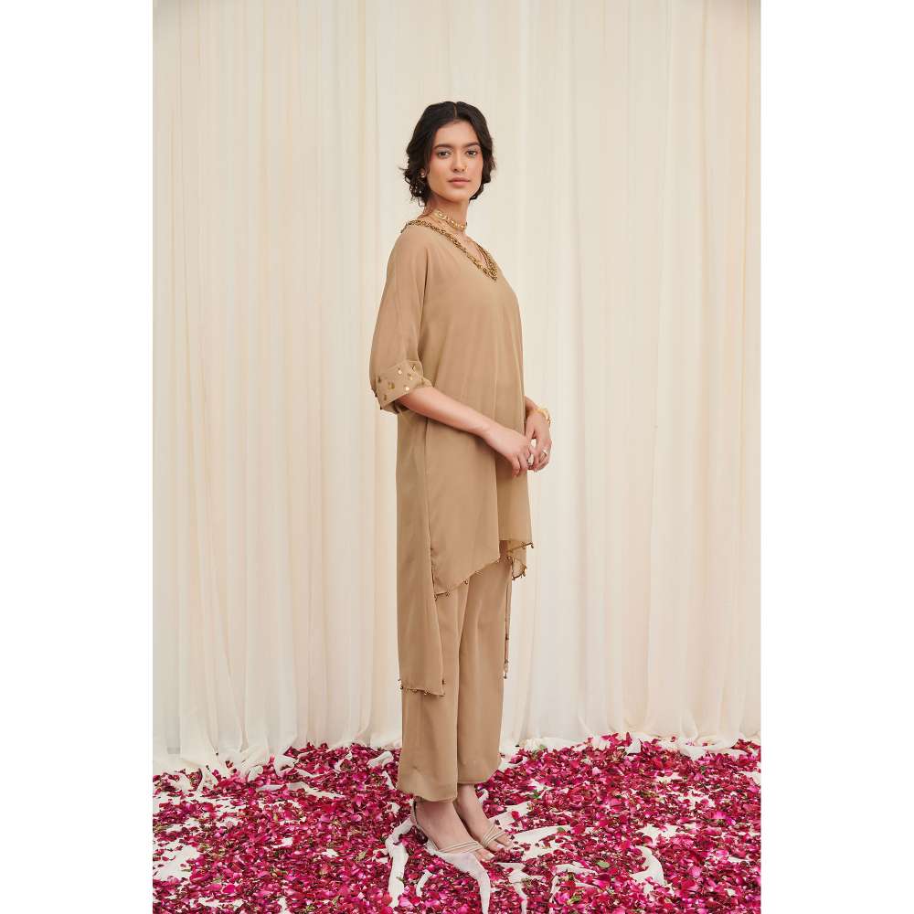 RIRASA Beige Embellished Kurta with Pant and Camisole (Set of 3)