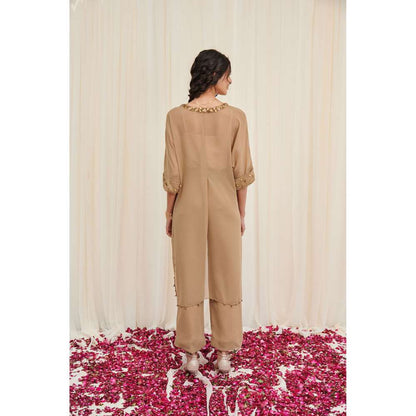 RIRASA Beige Embellished Kurta with Pant and Camisole (Set of 3)