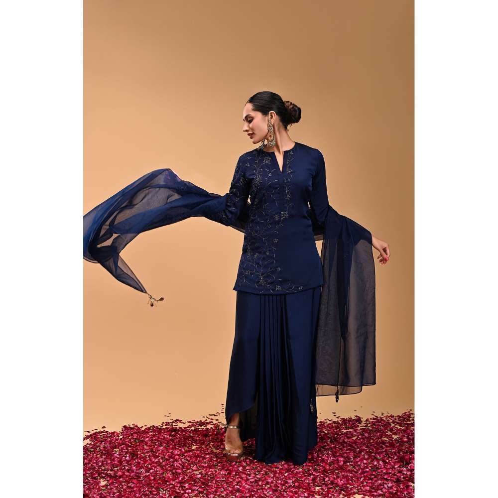 RIRASA Navy Blue Embroidered Short Kurta with Skirt and Dupatta (Set of 3)