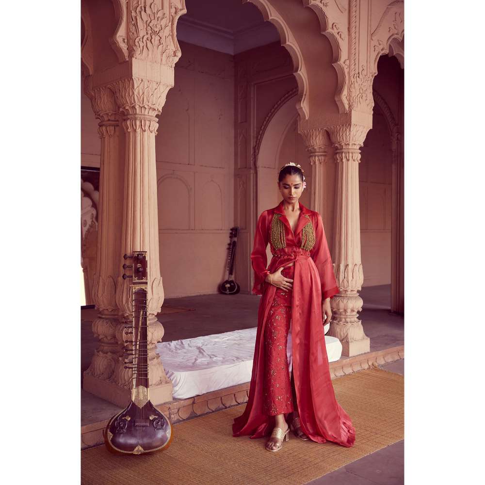 RIRASA Red Beads & Stones Bustier with Pant and Jacket (Set of 3)