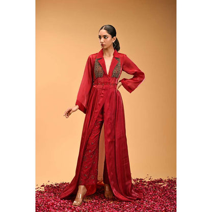 RIRASA Red Beads & Stones Bustier with Pant and Jacket (Set of 3)