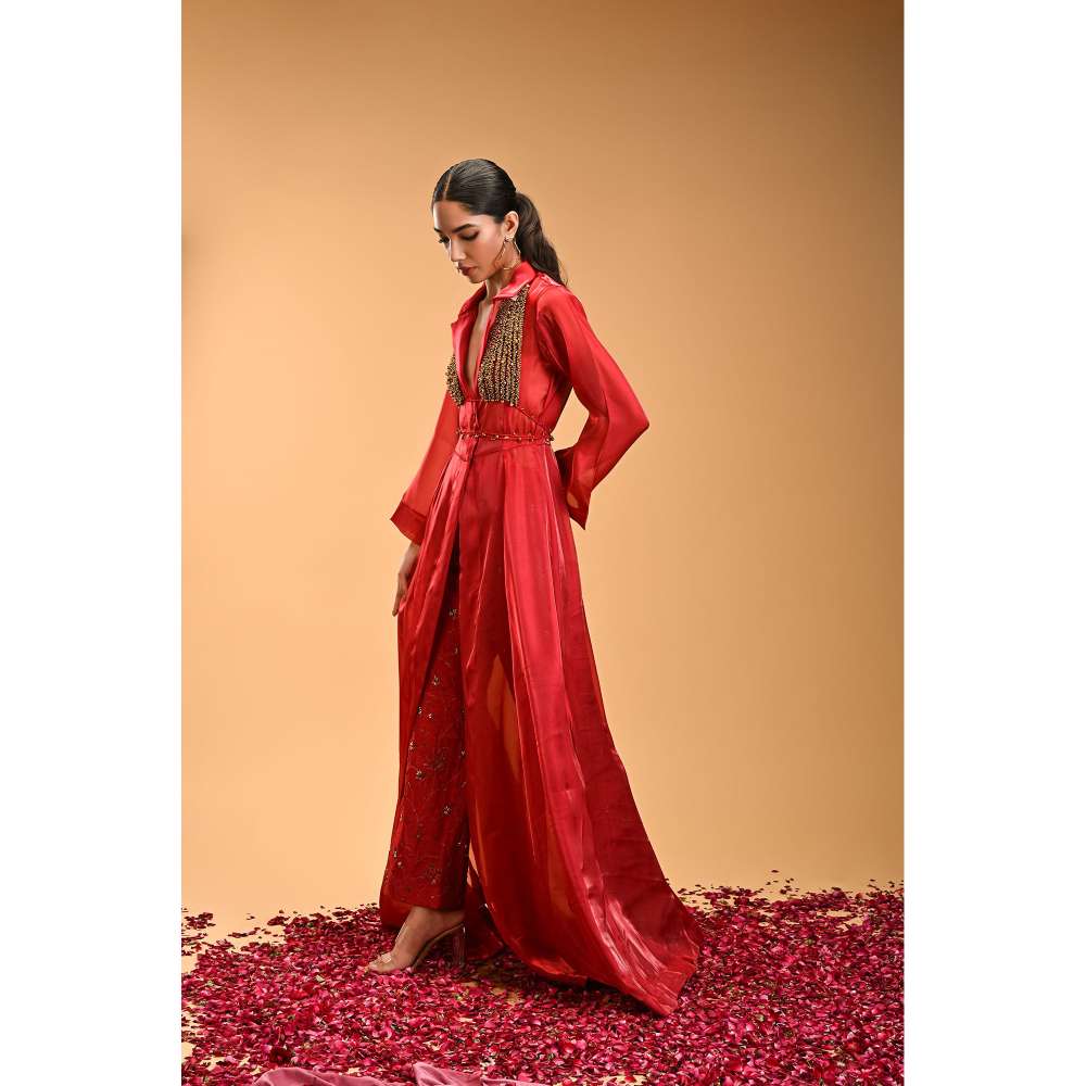 RIRASA Red Beads & Stones Bustier with Pant and Jacket (Set of 3)