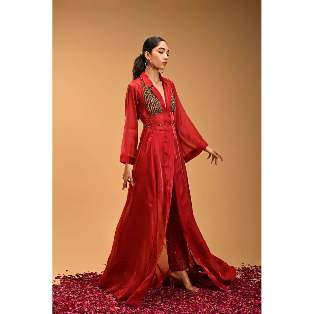 RIRASA Red Beads & Stones Bustier with Pant and Jacket (Set of 3)