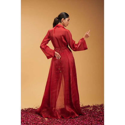 RIRASA Red Beads & Stones Bustier with Pant and Jacket (Set of 3)