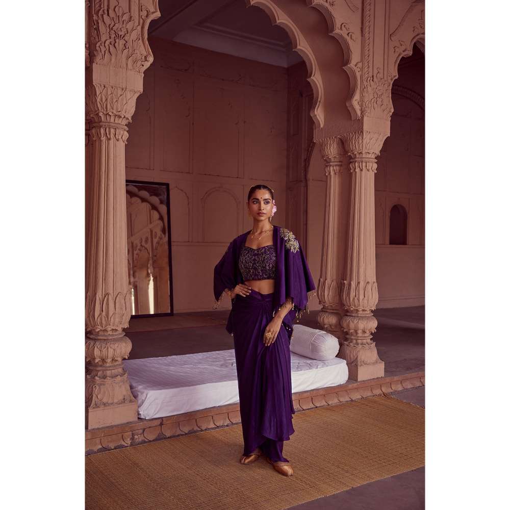 RIRASA Purple Embroidered Bustier with Skirt and Jacket (Set of 3)