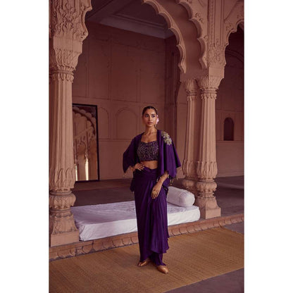 RIRASA Purple Embroidered Bustier with Skirt and Jacket (Set of 3)