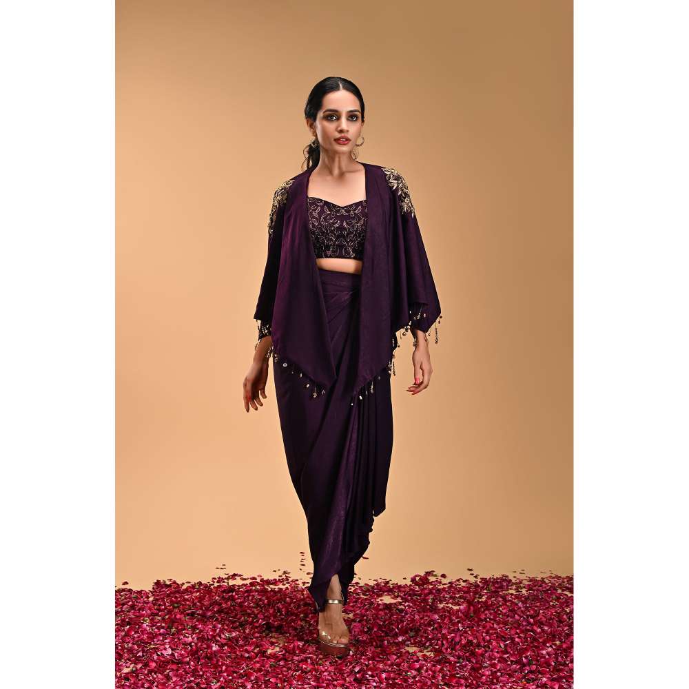 RIRASA Purple Embroidered Bustier with Skirt and Jacket (Set of 3)