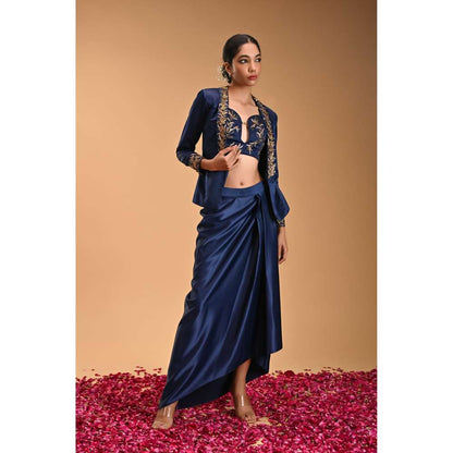 RIRASA Blue Embroidered Bustier with Skirt and Jacket (Set of 3)