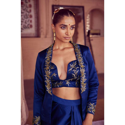 RIRASA Blue Embroidered Bustier with Skirt and Jacket (Set of 3)