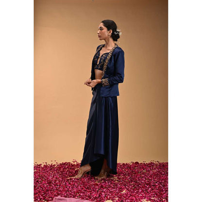 RIRASA Blue Embroidered Bustier with Skirt and Jacket (Set of 3)