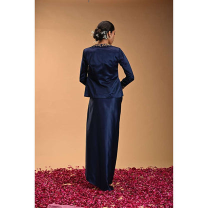 RIRASA Blue Embroidered Bustier with Skirt and Jacket (Set of 3)