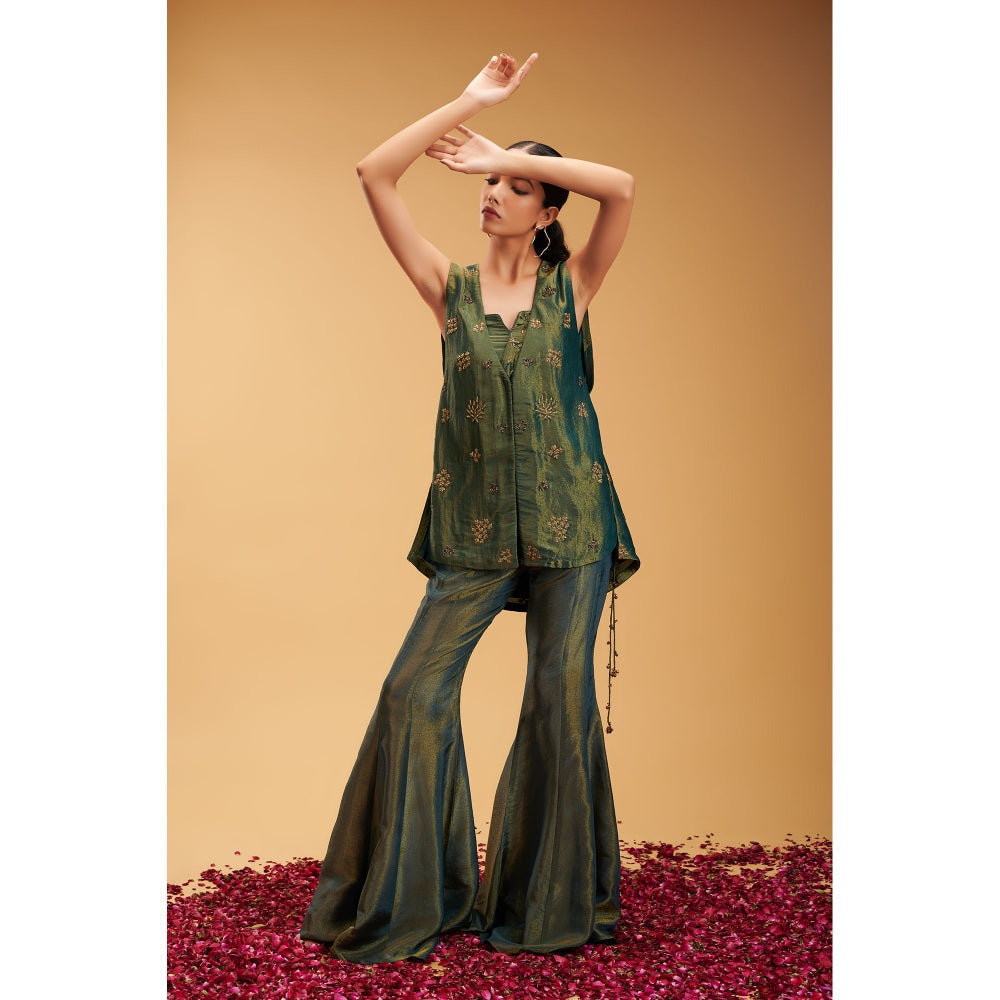 RIRASA Green Embroidered Sleeveless Bustier with Pant and Jacket (Set of 3)