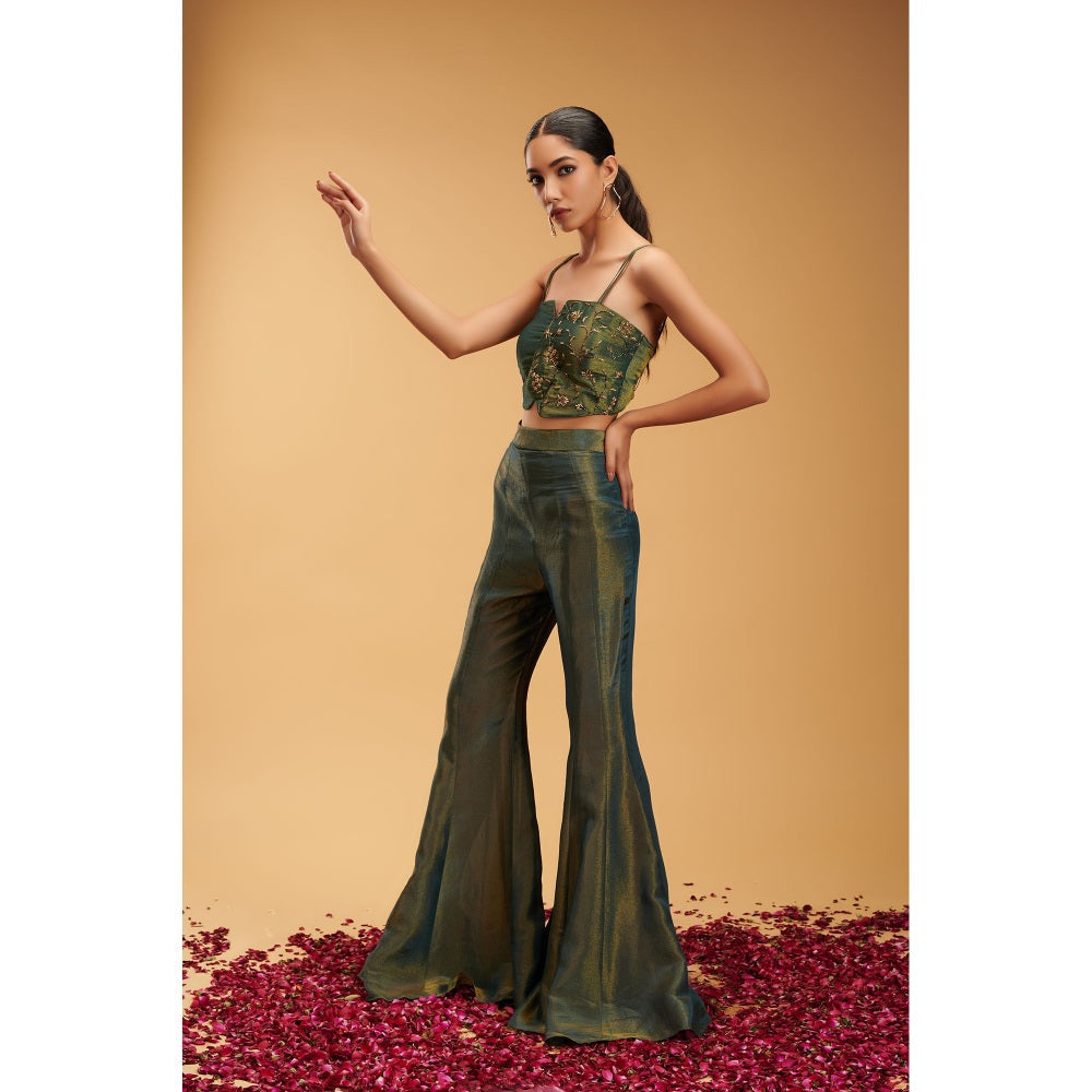 RIRASA Green Embroidered Sleeveless Bustier with Pant and Jacket (Set of 3)