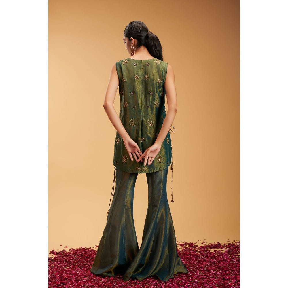 RIRASA Green Embroidered Sleeveless Bustier with Pant and Jacket (Set of 3)